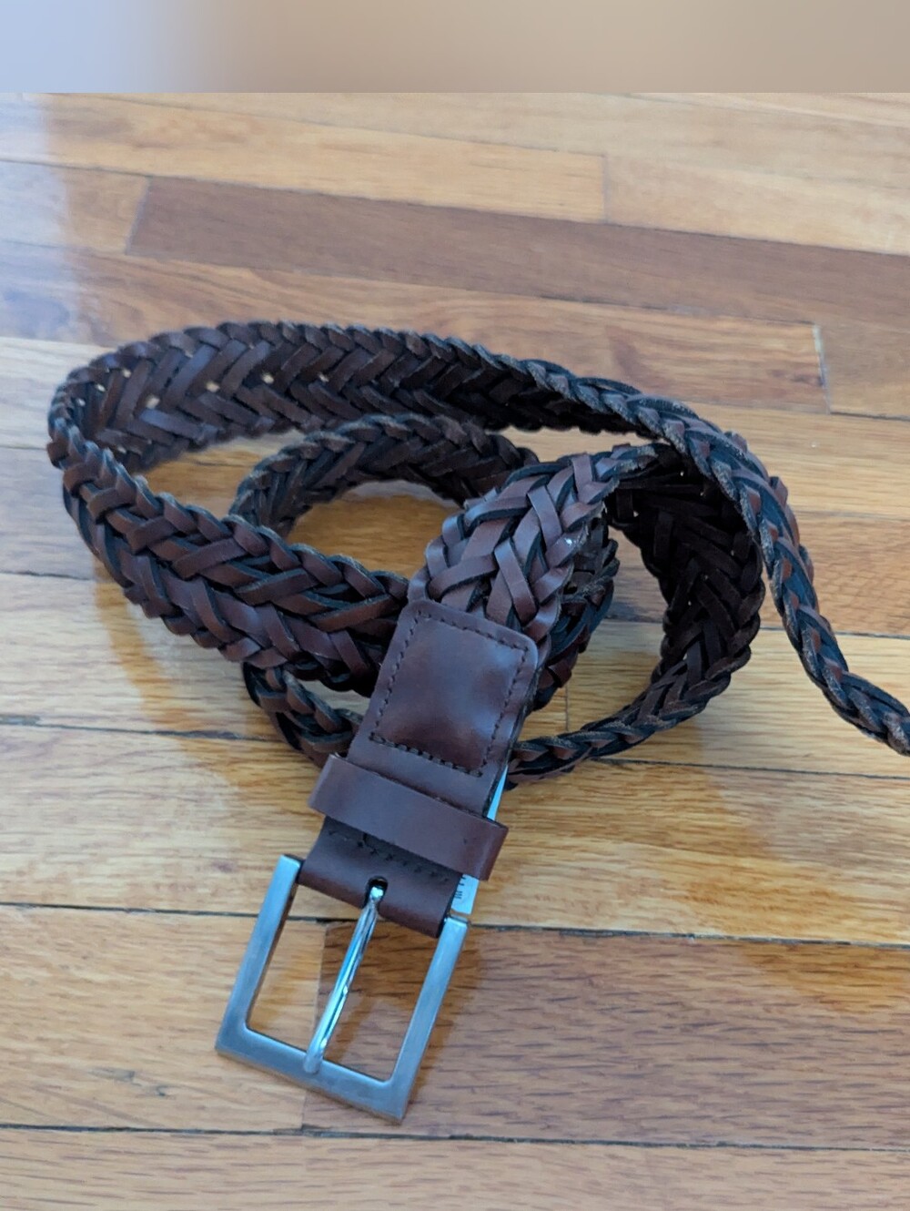 Men’s Woven Belt Top Grain Leather L Brown Silver Buckle